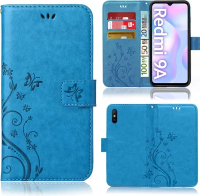Produktbild von Handy Tasche für Xiaomi Redmi 9A Xiaomi Redmi 9i Xiaomi Redmi 9AT Schutz Hülle Handyhülle mit Blumenmuster Klapp Hülle mit Standfunktion und Kartenfächer Blau