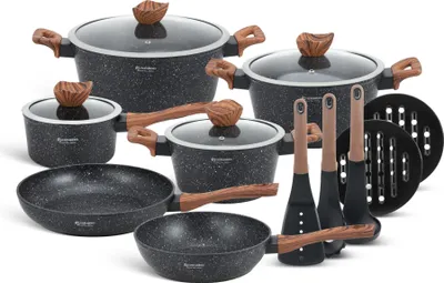 A set of black ceramic and marble pots and pans with wooden handles and kitchen utensils, displayed on a white background.
