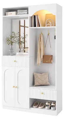 Produktbild von Kompaktgarderobe mit Spiegel und Sitzbank,Flurgarderobe mit Schuhschrank und Haken, Kleiderhaken,Kompaktgarderobe,Flurmöbel Set,Flurgarderobe