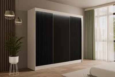 Produktbild von ALTDECOR Kleiderschrank mit Lamel-Schiebetüren,  Führungsschienen und Aluminium- Leisten, LED-Beleuchtung  und Fernbedienung - VILANv2 - 250 cm Weiß + Lamelle schwarz