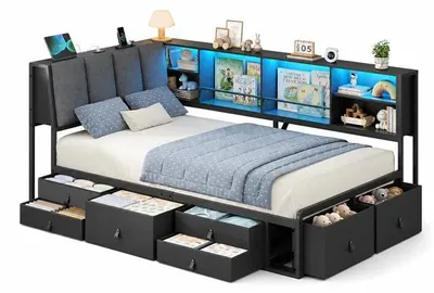 Produktbild von AODEMOKO Jugendbett mit LED, Ladestation, 7 Schubladen, 105° Rückenlehne und Metalllattenrost, Schwarz, 90x200 cm