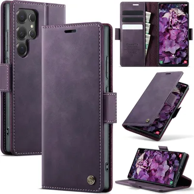 Immagine prodotto di Custodia in pelle per Samsung Galaxy S25 Ultra, protezione RFID, chiusura magnetica, slot per carte e funzione stand Viola