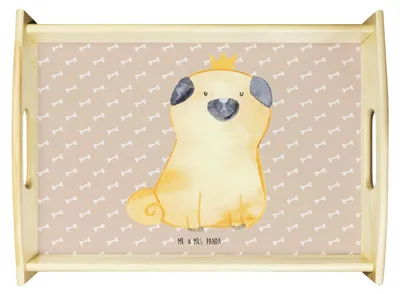 Produktbild von Mr. & Mrs. Panda Tablett Mops Krone - Hundeglück - Geschenk, zum servieren, Sofa, König, Hund, holz, Holztablett, Königlich, Deko, Sprüche, Serviertablett