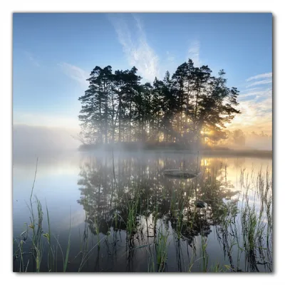 Produktbild von Wallario selbstklebende Möbelfolie/ Tischdecke für Innen und Außen, Größe: 50 x 50 cm - Stiller See mit Insel im Morgennebel