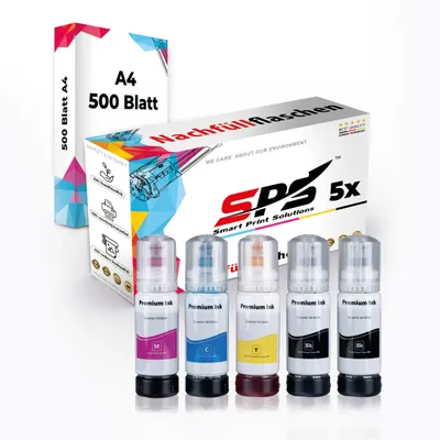 Produktbild von Druckerpapier A4 + 5x Multipack Set Kompatibel für Epson EcoTank ET-3700 (102/C13T03R240, C13T03R340, C13T03R440, C13T03R140) Nachfüllflaschen