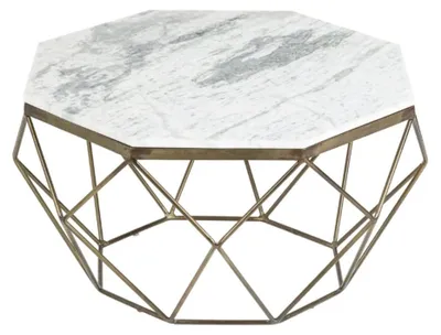 Produktbild von Beistelltisch NEXORA 70 cm in Weißmarmor und Metall mit Messingfinish und geometrischem Design
