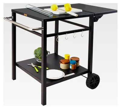 Produktbild von Grillwagen Küchenwagen 97,2 x 64 x 75,5 cm Outdoor Servierwagen mit Doppelter Ablage, Beweglicher Grilltisch für die Zubereitung von Speisen, Multifunktionale Tischplatte aus Eisen Schwarz