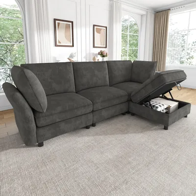 Immagine prodotto di Divano angolare modulare, poggiapiedi contenitore, divano "Cloud", tessuto in chenille, 4 posti, senza necessità di montaggio (grigio)