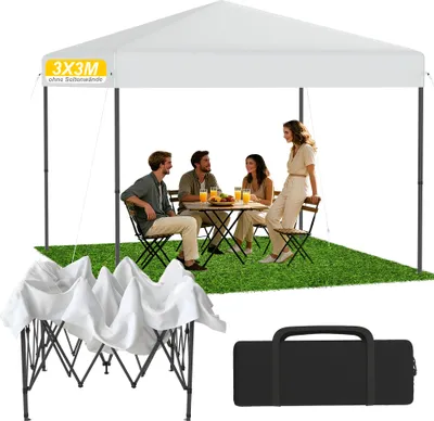 Produktbild von UISEBRT Weiß 3x3 m Pop-Up Pavillon, Faltpavillon Ein-Knopf Schnellaufbau, wasserdicht & UV-Schutz, ohne Seitenteile, inkl. Tasche & Erddübel