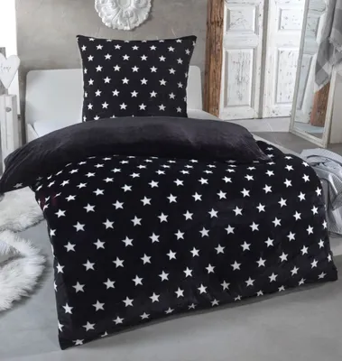Zdjęcie produktu dla Ciepła zimowa pościel dwustronna z pluszowymi gwiazdkami, materiał typu nicky-teddy „Cashmere Touch” z polaru w kolorze koralowym – dostępne w wielu kolorach i rozmiarach, kolor: czarny, rozmiar: 155 x 220 cm