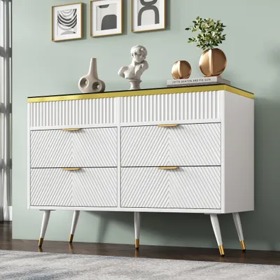 Produktbild von okwish Kommode Sideboard aus Bernstein Glas mit viel Stauraum, Schrank mit 6 Schubladen, Schubladenschrank Anrichte für Wohnzimmer, 120 x 40 x 76 cm, Weiß