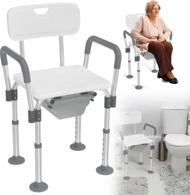 A collage of images showing a shower chair, a woman sitting on a shower chair, and a shower chair in a bathroom setting.