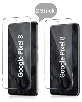 Two screen protectors for a Google Pixel 8 phone are shown side-by-side against a white background. A speech bubble indicates '2 Stück' (2 pieces).