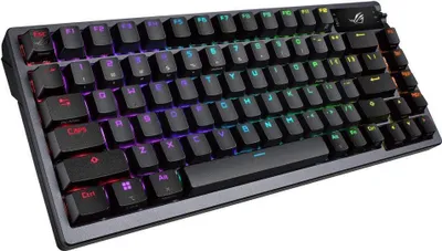 A close-up, angled view of a black gaming keyboard with RGB lighting.