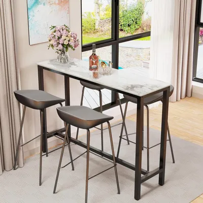 Immagine prodotto di Tavolo da bar - Tavolo da bistrot - Tavolo da cucina - Tavolo in marmo - Mobile per bar - Design rettangolare stretto - Piano con aspetto marmorizzato
