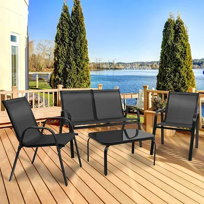 Produktbild von COSTWAY 4 TLG. Terrassenmöbel, Lounge Set Textilen, Gartenmöbel Garten Lounge Set Sitzgruppe Sitzgarnitur, Balkon Terrasse Set, Gartengarnitur inkl. 2 Einzelstühlen, 1 Bank und 1 Couchtisch