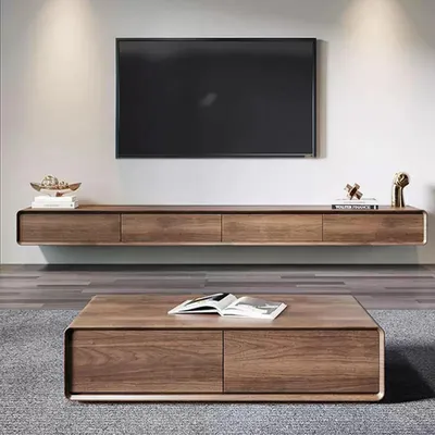 Obrázok produktu pre Plávajúca TV skrinka s zásuvkami, drevená mediálna konzola, 240 cm, vzhľad orechu