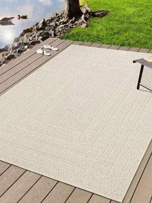 Imagen del producto de Alfombra exterior Unyqoos® con apariencia de yute, rectangular, 240 x 340 cm, diseño de cuadros, aspecto natural, resistente a la intemperie y a los rayos UV, ideal para terrazas y balcones