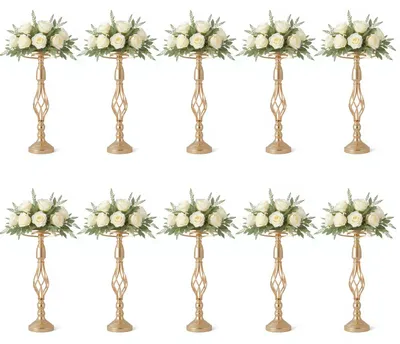 Produktbild von Set mit 10 Blumenständern - Gedrehte Säulen für Vasen und Kerzenhalter - Metall - 52 cm - Goldfarben