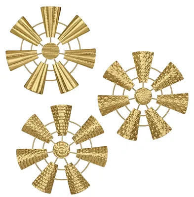3er-Set runde Metall-Wandskulpturen mit Windmühlenmotiv, gold