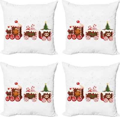 Produktbild von ABAKUHAUS Weihnachten Kissenbezug Set (4 Stück), Lebkuchen-Zug, Moderner Doppelseitiger Digitaldruck, 45 cm x 45 cm, Weiß Braun Vermilion