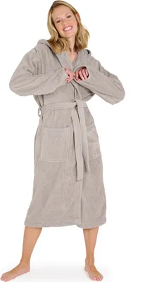Produktbild von Blumtal Bademantel Damen, kuschelig weicher Bademantel Damen Baumwolle mit gefütterter Kapuze und samtigen Frottee-Velours, ® , L in Grau