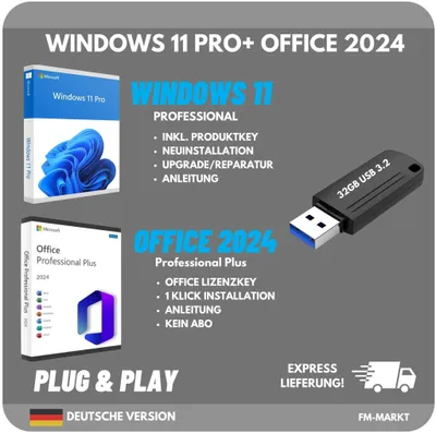 Produktbild von Windows 11 Professional + Microsoft Office 2024 Professional Plus | 32GB USB 3.2 Installationsstick | inkl. Lizenzschlüssel | Bundle Set