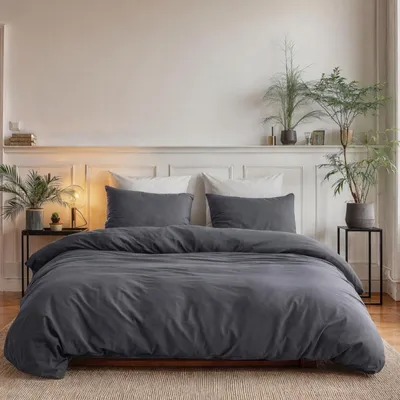 Productafbeelding van TRANKIELO® - Beddengoedset 200 x 200 cm van 100% katoen – Antraciet – Zacht, strijkvrij & ademend met 2 kussenslopen