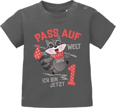 Produktbild von Baby T-Shirt 1. Geburtstag Pass auf Welt ich bin jetzt 1 Waschbär Geburtstagsshirt kurzarm Baumwolle MoonWorks® dunkelgrau 92/98 (16-24-Monate)