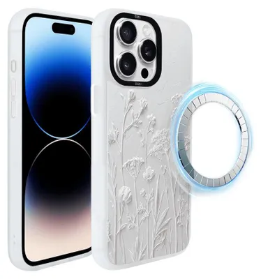 Zdjęcie produktu dla Etui do iPhone 14 Pro, kompatybilne z MagSafe, białe matowe boki, suszone kwiaty