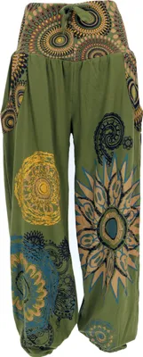 Produktbild von Weite Pluderhose mit Breitem Bund, Boho Druck - Olivgrün, Damen, Baumwolle, Größe: S/M