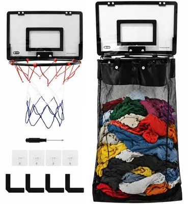 Produktbild von Hängender Wäschekorb, Basketball Wäschesammler für die Tür, 40 x 26 cm Rückwand, 4,4 cm Türstärke, schwarzes Netz