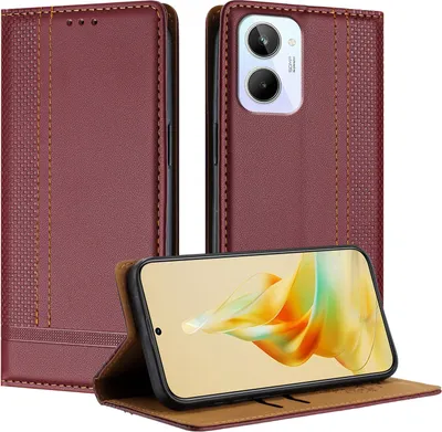 Produktbild von Handyhülle für Realme 10 4G Leder Flip Klappbare Schutzhülle mit Standfunktion Dunkelrot