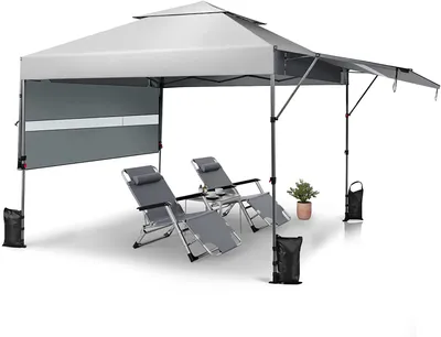 Produktbild von Pop Up Pavillon mit Doppeltes Vordach, Hoehenverstellbarer Faltpavillon mit Verstellbare Seitenverlaengerungen&Metallstaender, UV-Schutz 50+, Wasserdichter Gartenpavillon mit Tragetasche(Weiss)