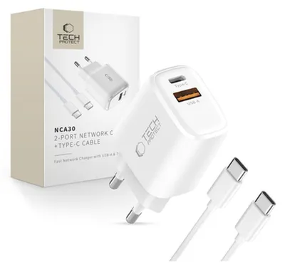 Imagen del producto de Cargador de pared Tech-Protect NCA30 PD 30W QC3.0 USB-A / USB-C + Cable USB-C / USB-C de 100 cm - Blanco