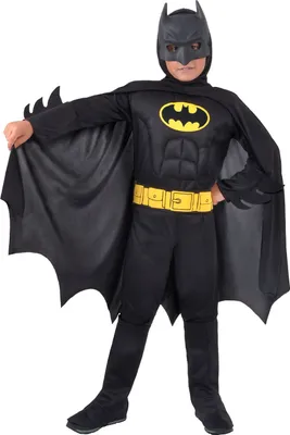 Produktbild von Batman Dark Knight Kostüm als Verkleidung für Jungen, offizielle DC Comics (Größe 5—7 Jahre) mit gepolsterten Muskeln