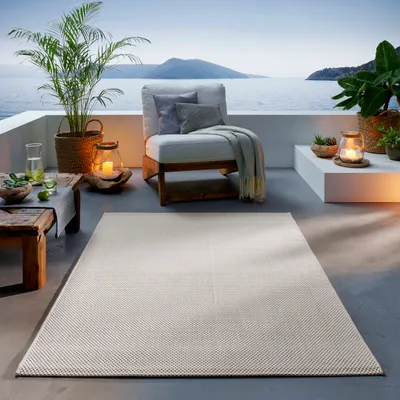 Produktbild von Outdoor Teppich I UV-Stabil Für Drinnen und Draußen I Terrasse Balkon Garten Wohnzimmer Badezimmer Küche Flur Läufer |  Creme