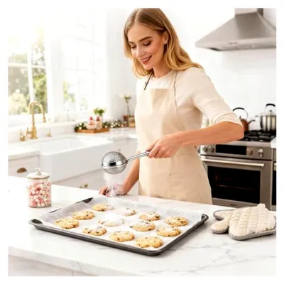 Produktbild von Edelstahl Puderzuckerstreuer - Mehlstreuer mit Federgriff | Einhand-Puderzuckermühle & Gewürzstreuer | Feinmaschiges Mehlsieb für das Backen und Dekorieren von Desserts