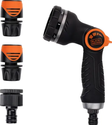 Image de BLACK+DECKER Pulvérisateur de jardin avec 3 raccords de tuyau d'arrosage Débit d'eau réglable Plastique Noir/Orange