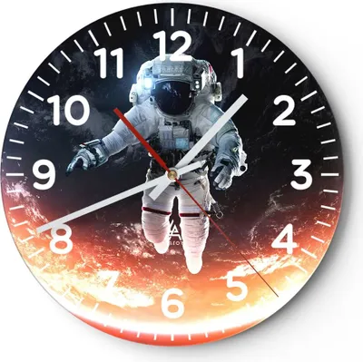 Produktbild von Wanduhr - Rund - Glasuhr - Kosmonaut Weltraum - 30x30cm - Schleichendes Uhrwerk - Lautlos - zum Aufhängen bereit - Dekoration Modern - Wanddekoration aus Glas - C4AR30x30-3500