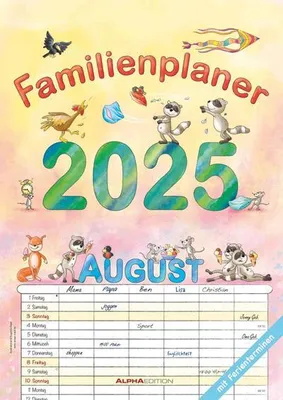 Zdjęcie produktu dla Family Planner Cartoon 2025 - Kalendarz rodzinny A3 (29,7x42 cm) - z 6 kolumnami, datami świąt (DE/AT/CH) i mnóstwem miejsca na notatki - Kalendarz ścienny