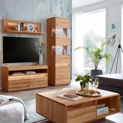 Produktbild von Wohnzimmer Couchtisch mit 110 cm Breite in Buche massiv geölt, mit 1 Schublade & 1 offenes Fach - WELLAND-69