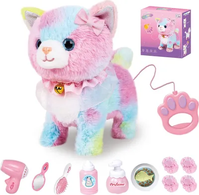 Produktbild von Welikera Interaktives Katzenspielzeug Einhorn, Berührungs- und sprachgesteuert, ferngesteuert, mit Leine, abnehmbare und waschbare Hülle, Bunt, Hochwertiger Plüsch und Kunststoff, für 3-7 Jahre, 8 Teile, benötigt 3 AA-Batterien (nicht enthalten)