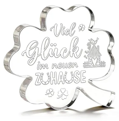Zdjęcie produktu dla Dekoracyjny element z akrylu z motywem czterolistnej koniczyny i napisem "Życzymy szczęścia w nowym domu", wymiary 11,5 x 10,5 cm