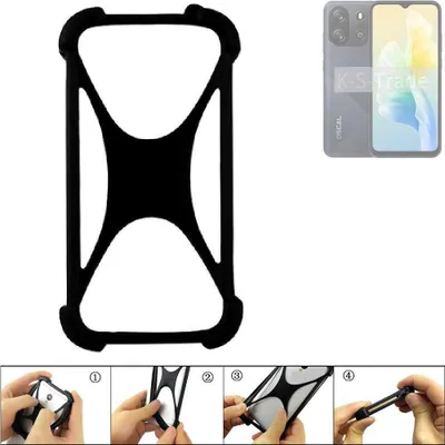 A collage showing a black silicone phone case, a smartphone, and four instructional images demonstrating how to use the case.