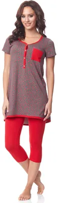 Produktbild von Be Mammy Damen Kurzarm Pyjama mit Stillfunktion BE20-177 (Grau-Sterne-Rot, S)