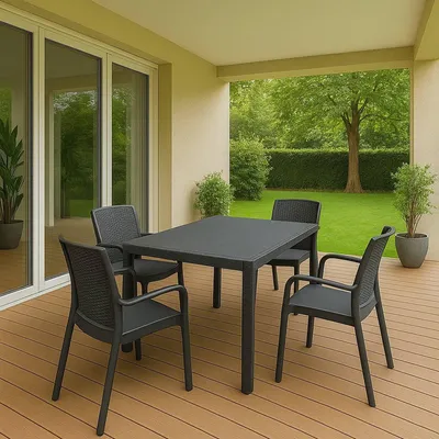 Produktbild von Outdoor-Loungeset Sover, Outdoor- und Indoor-Loungeset, Fester rechteckiger Tisch mit 4 stapelbaren Stühlen,  Italy, Anthrazit
