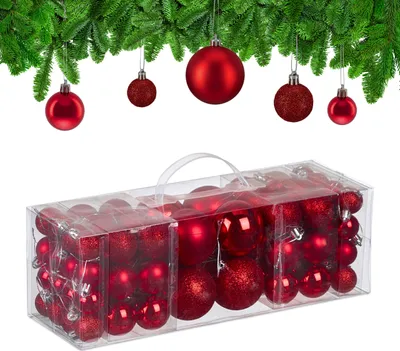 Image de Lot de 76 boules de Noël Relaxdays, en plastique, boules scintillantes, mates et brillantes, décorations pour sapin de Noël, rouge
