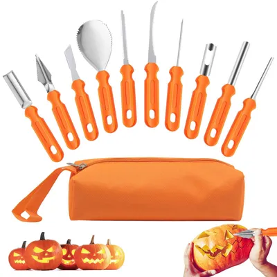 Kürbisschnitzset 10-teilig mit Tasche, Edelstahl & PP, für Halloween