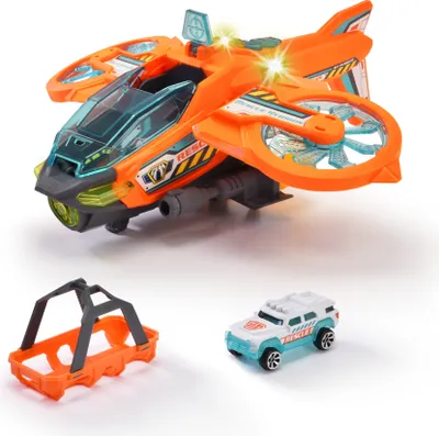 A toy rescue helicopter with accessories on a white background.